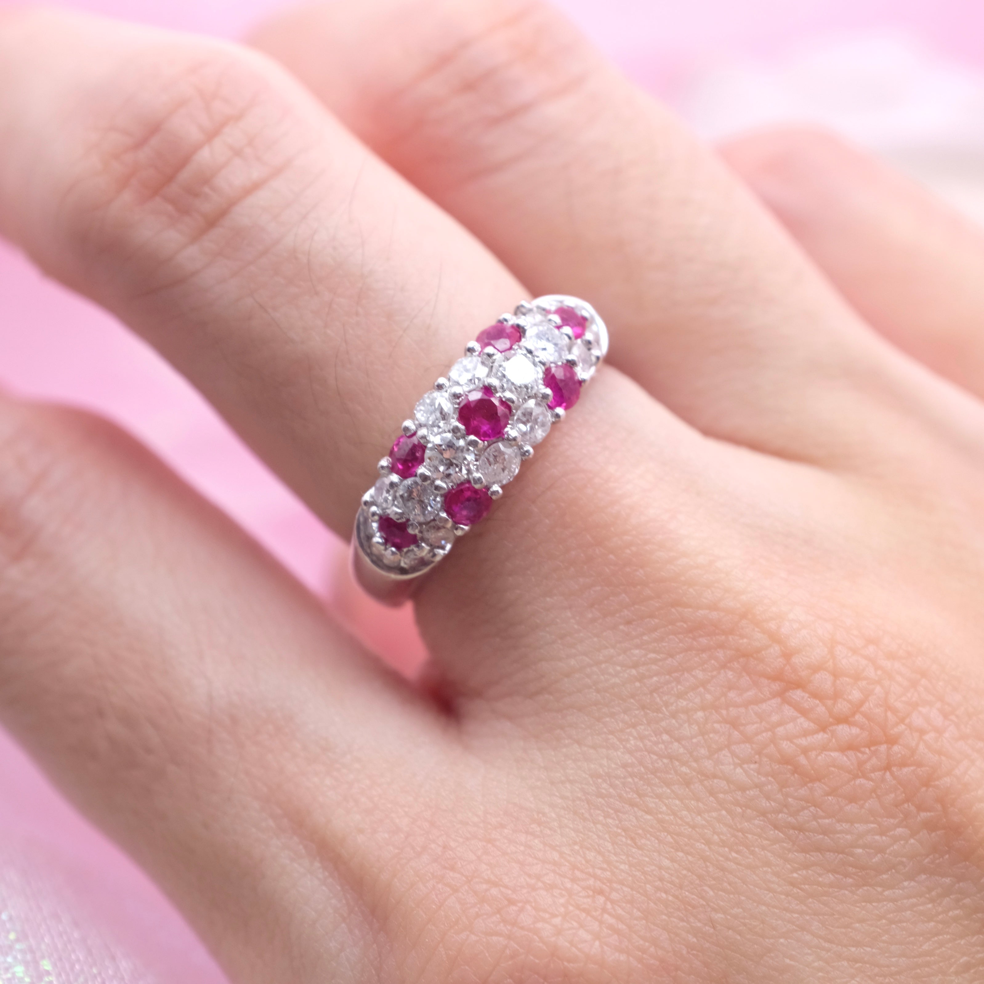Natural Ruby Diamond Band Ring  Vintage Style Cluster Ring