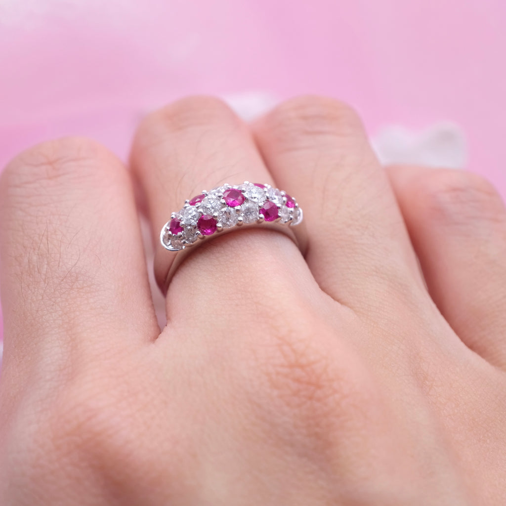 Natural Ruby Diamond Band Ring  Vintage Style Cluster Ring