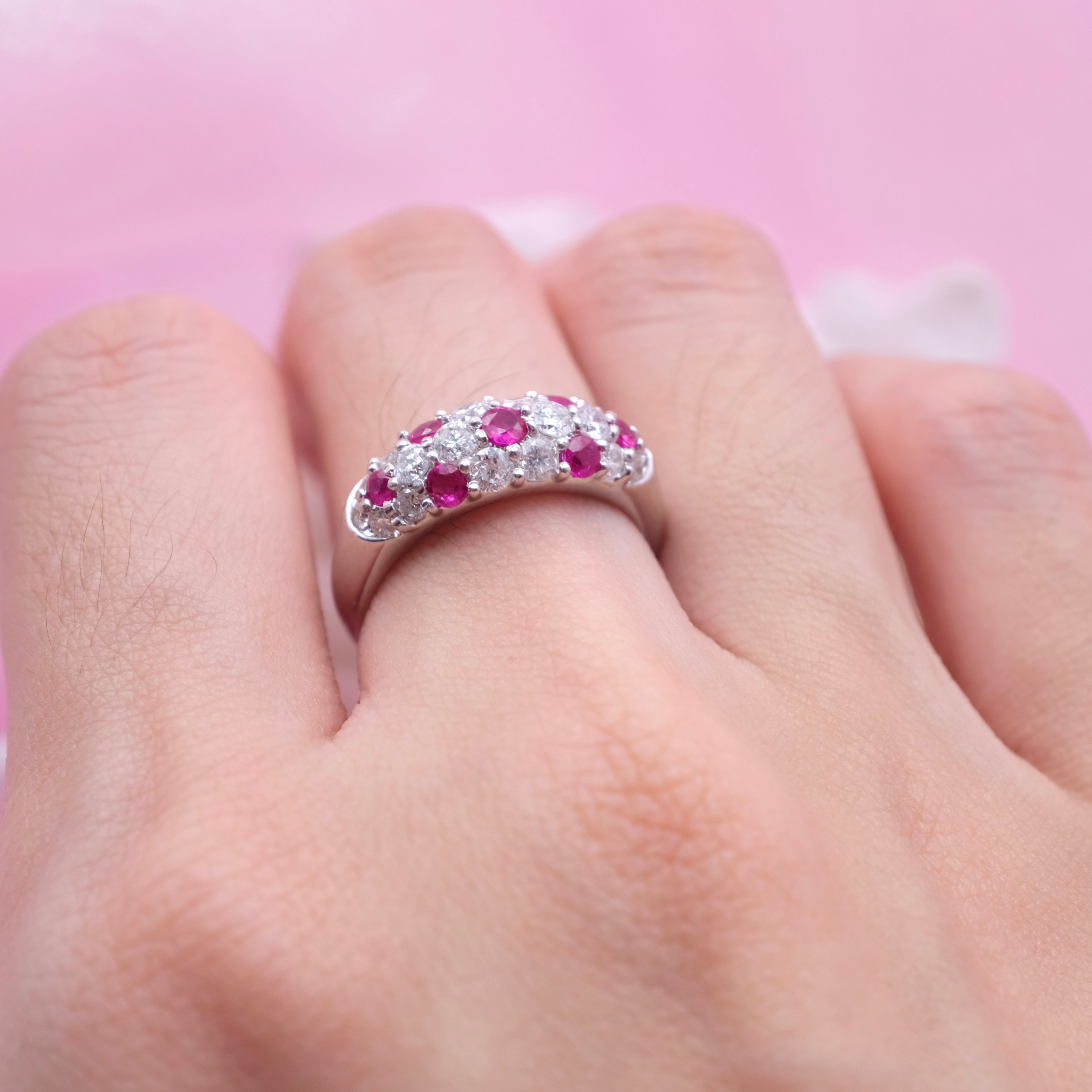 Natural Ruby Diamond Band Ring  Vintage Style Cluster Ring